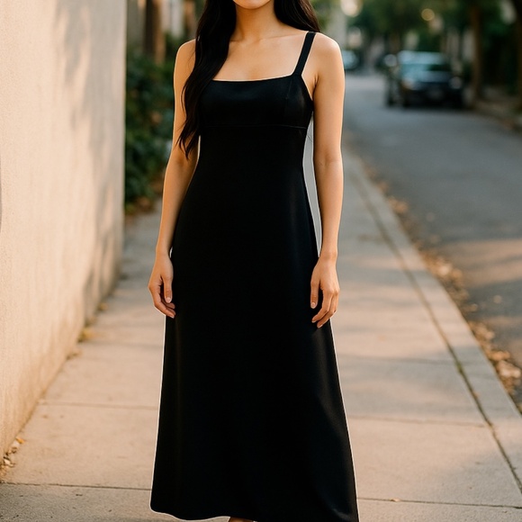ANN TAYLOR Vintage 90s Column Gown Silk Square Neck Crepe Formal Dress Black 4 - Picture 1 of 9